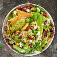 Mexican Mash Salad · (Vegetarian) Mixed greens, pico de gallo, black beans, corn, cilantro, avocado, cotija chees...