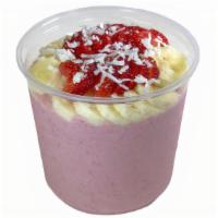 Strawberry Cream Smoothie Bowl · Blend: strawberries, local banana, organic soymilk, and vegan soy cream.
Topped w/organic gr...