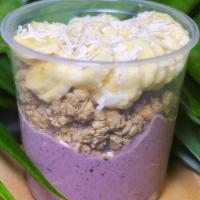 Pb Berries Smoothie Bowl · Blend: blueberries, strawberries, local banana, organic soymilk, peanut butter, 
vegan soy c...