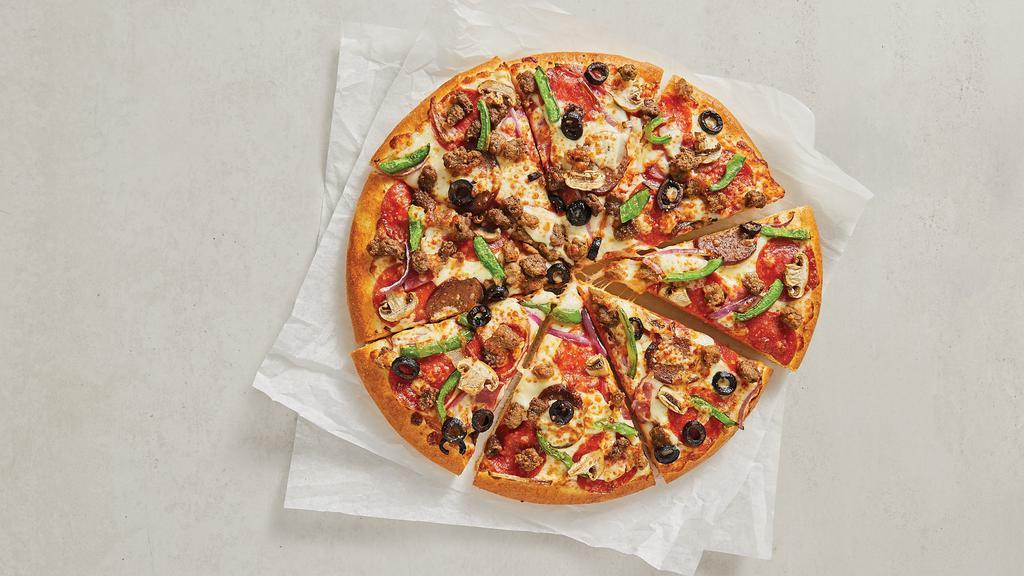Super Supreme Pizza (Medium) · Ultimate combination of pepperoni, beef, ham, all-natural Italian sausage, pork sausage, sweet red onions, fresh white mushrooms, crisp green peppers, and black olives