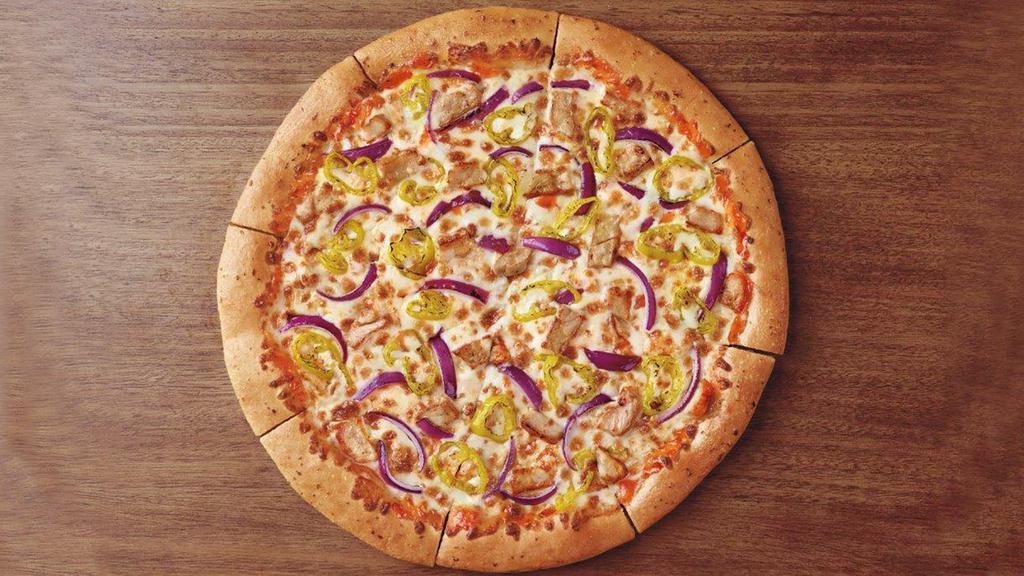 Buffalo Chicken · Hut favorite, spicy. Grilled chicken, banana peppers, and red onions. With buffalo sauce. 250-350 cal. per slice.