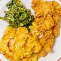 Mac N Cheese Plate · 3 cheese Mac, braised kale &  collard greens mix, Creole fried chicken