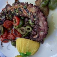 Octopus Baci · Chef's Suggestion. Grilled with cherry tomatoes, capers, olives, sliced potatoes & fresh her...