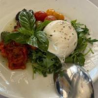 Burrata · Imported Burrata cheese, Grilled Grape Tomatoes, Roasted Peppers, Olive oil & Fresh Basil