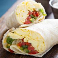 The Kitchen Sink Burrito · Scrambled eggs, home fries, jalapenos peppers, and crispy bacon wrapped in a fresh made tort...