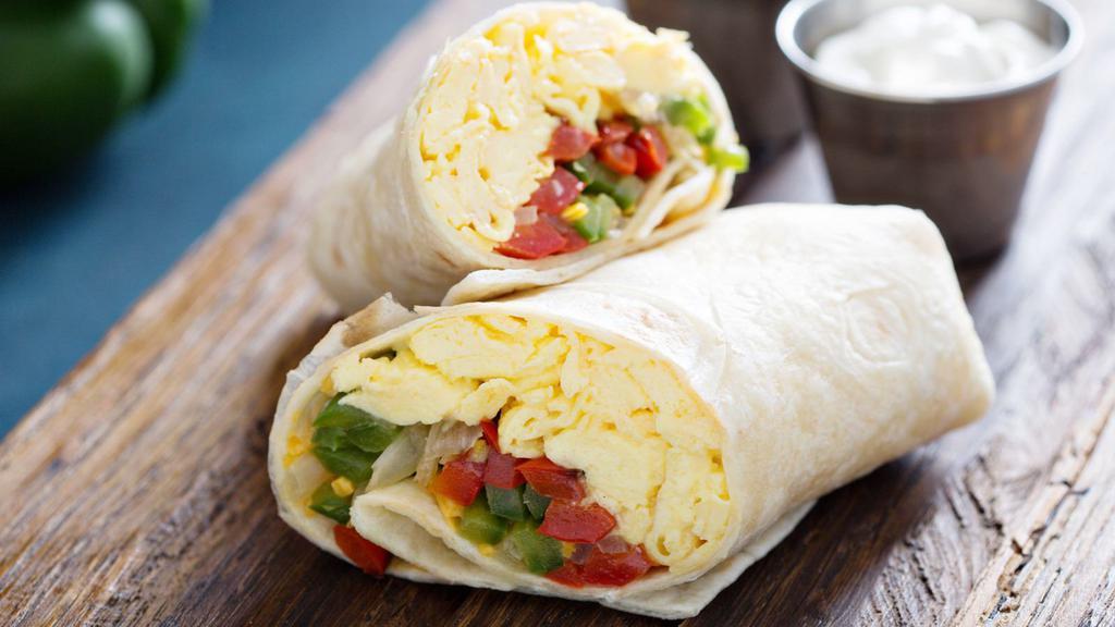 The Kitchen Sink Burrito · Scrambled eggs, home fries, jalapenos peppers, and crispy bacon wrapped in a fresh made tortilla.