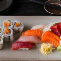 Sushi & Sashimi Lunch · 6 pcs sashimi, 4 pcs sushi & 1 crunchy spicy salmon roll.