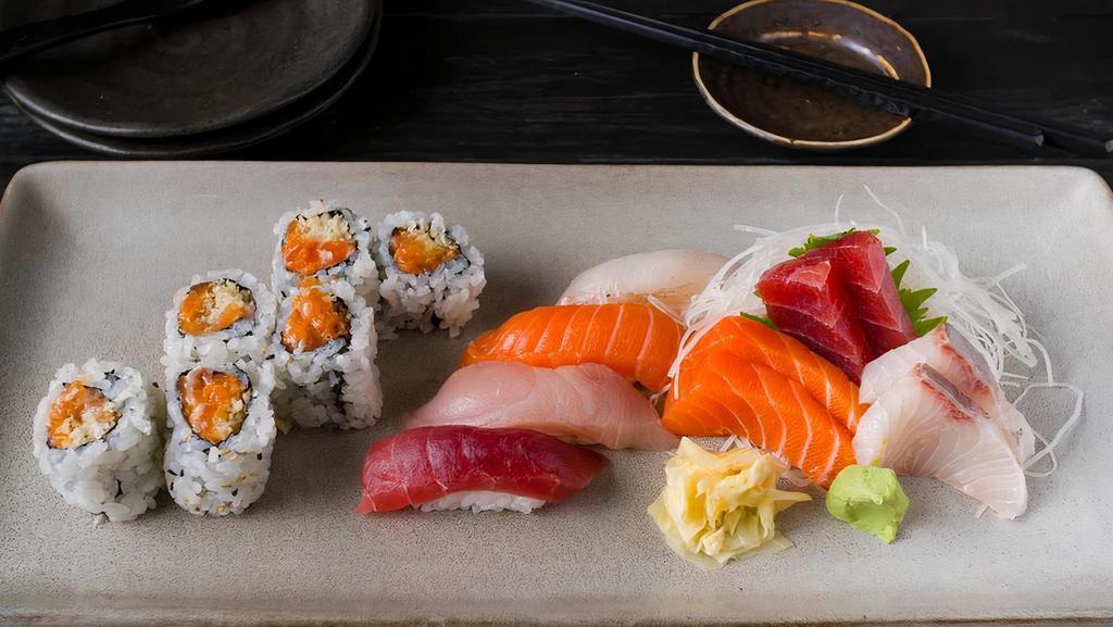 Sushi & Sashimi Lunch · 6 pcs sashimi, 4 pcs sushi & 1 crunchy spicy salmon roll.