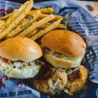 Crab Cake Sliders (2) · Two delicious crab cake sliders served with your choice of fires.