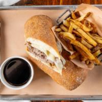 French Dip · Sliced and chopped top round, caramelized onions and provolone on a toasted hoagie roll.