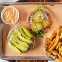 Pepper Jack Avocado Burger · Onion, tomato, lettuce, pickles, chipotle aioli.