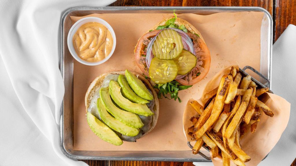 Pepper Jack Avocado Burger · Onion, tomato, lettuce, pickles, chipotle aioli.