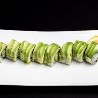 Green Dragon Roll · Eel, Avocado & Cucumber Inside with Avocado & Tobiko on top.