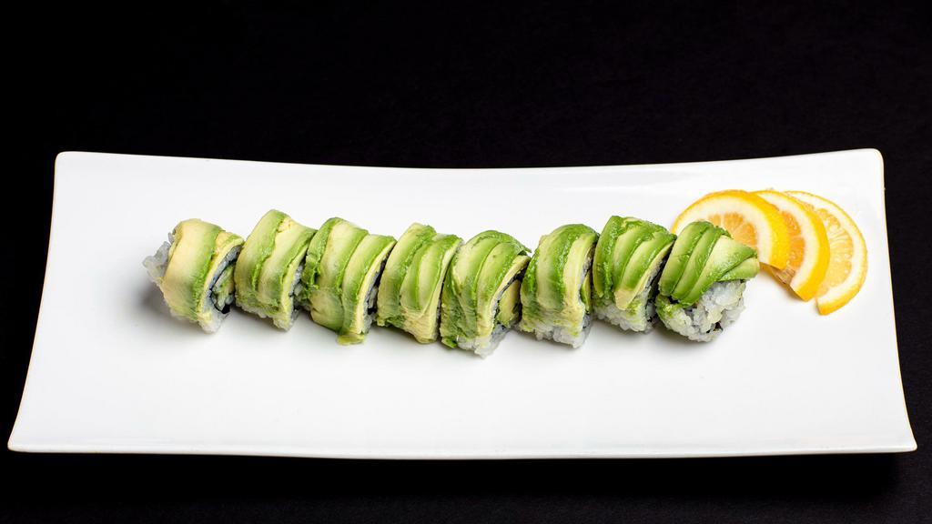 Green Dragon Roll · Eel, Avocado & Cucumber Inside with Avocado & Tobiko on top.