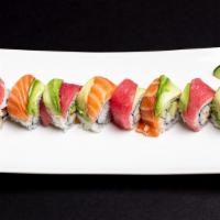 Easter Roll · Covered Salmon, Tuna, Tobiko & Avocado, Fried Crab Meat inside.