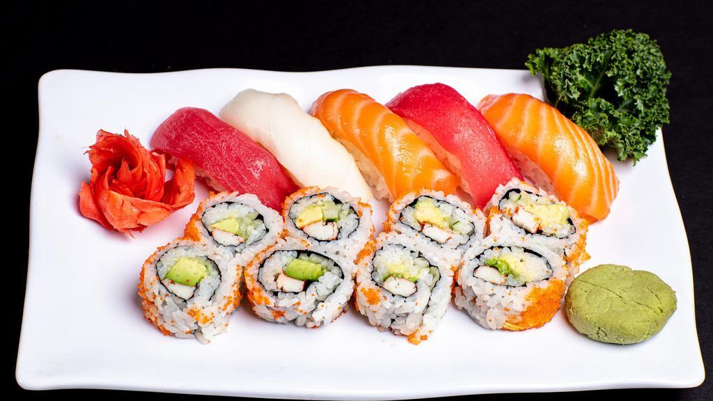 Sushi Regular · 7 pieces assorted and 1 tuna roll or 1 california roll.