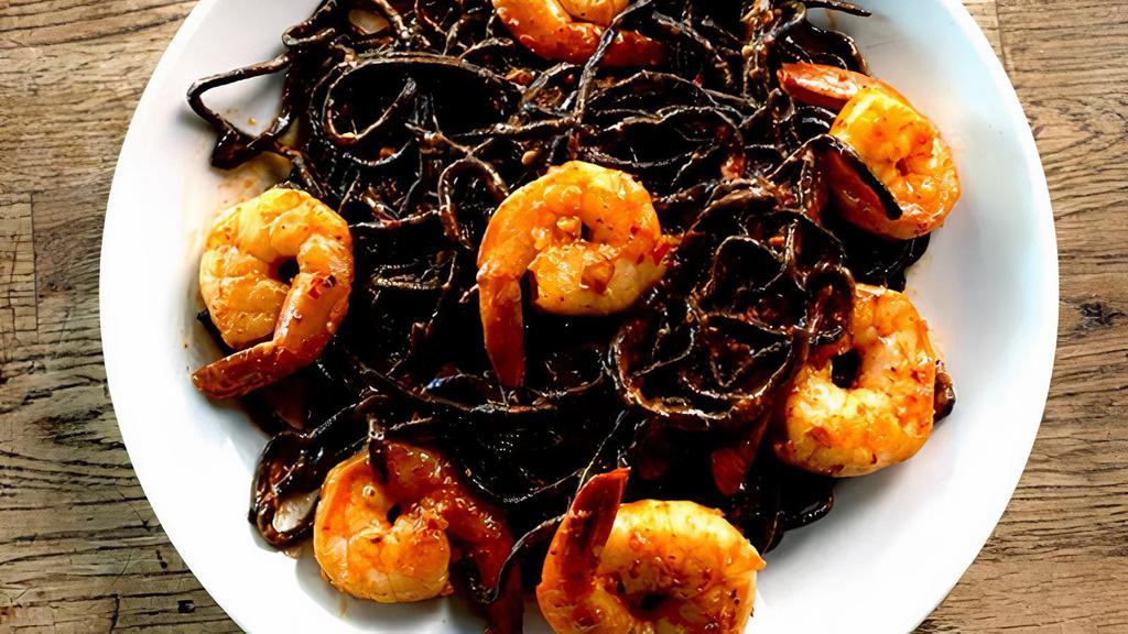 Linguine Nere Con Nduja E Gamberetti · HOMEMADE black ink linguine with Nduja sauce (spicy) and shrimp.
