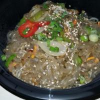 Japchae · Vegetarian stir fried glass noodles, with choice of topping optional.