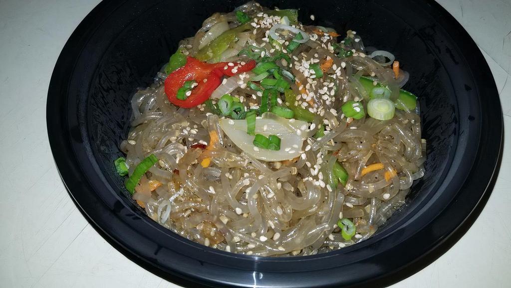 Japchae · Vegetarian stir fried glass noodles, with choice of topping optional.