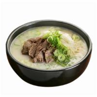 Ox Bone Soup (Seolleongtang) · Mild ox bone broth tang with beef brisket cuts and rice noodles.