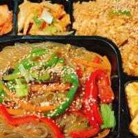 Japchae Lunch Box · Vegetarian Japchae noodles (glass noodles are made from sweet potatoes) with white rice. Opt...