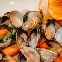 Steamed Clams · Clams steamed in white wine with arabiki and portuguese sausage