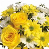Be Happy Mug · Keepsake Smile face mug with yellow roses’ white & yellow daisy pompons,  sure to make someo...