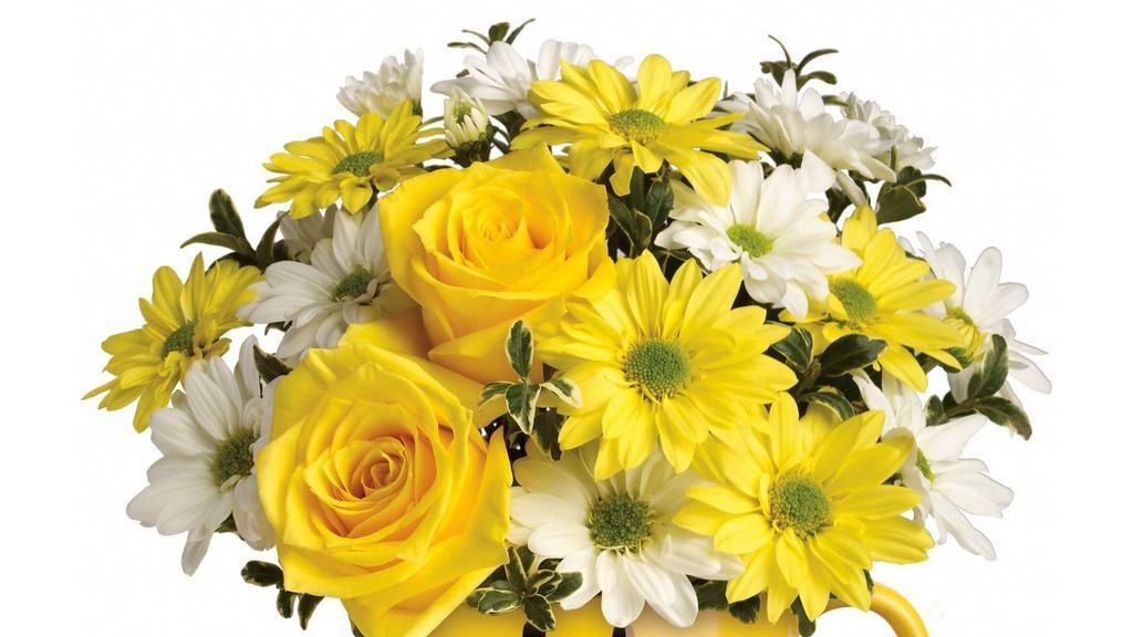 Be Happy Mug · Keepsake Smile face mug with yellow roses’ white & yellow daisy pompons,  sure to make someone Smile!