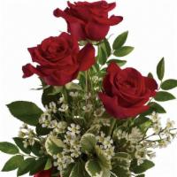 Red Rose Trio · 3 Red Roses in vase tied with a red bow
