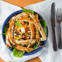 Ensalada De Pollo · Chicken salad. Mixed greens, purple onions, corn, radishes, cheese, tomatoes, accompanied wi...