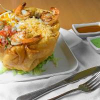 Taco Salad Con Camaron · Taco salad with shrimp. Served with lettuce, rice, beans, cheese, pico de gallo and sour cre...