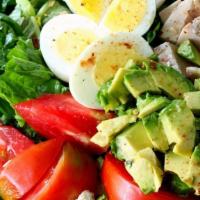 Healthy Cobb Salad · Romaine lettuce, Grilled Chicken, Cucumbers, Tomatoes, Onions, Cheddar Cheese, 2 boiled eggs...