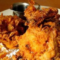 Fried Chicken And Cheddar Waffles (Lunch) · Buttermilk fried chicken thighs with cheddar waffles and cole slaw