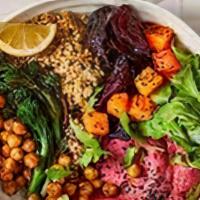 Market Vegetable Bowl · Heirloom grains, beet tahini, feta & za'atar.
