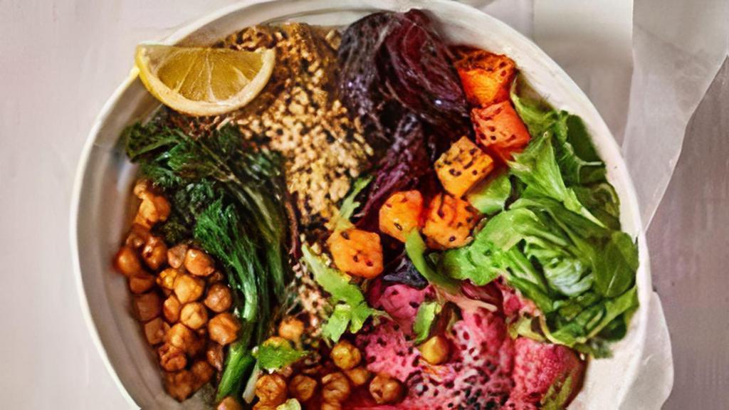Market Vegetable Bowl · Heirloom grains, beet tahini, feta & za'atar.