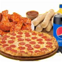 Combo 3 · Pepperoni or cheese pizza, chicken wings, garlic bread and 2 liter soda.