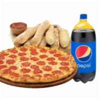 Combo 1 · Pepperoni or cheese pizza, garlic bread and 2 liter soda.