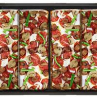 Square Supreme · Deep dish pizza with pepperoni, sausage, green peppers, onions and mushrooms.