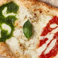 Pizza Tre Gusti · A trio of our best seller's combined into one oval shaped pizza: margherita, cacio e pepe, p...