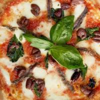 Acciughe E Olive Nere · San marzano tomato, mozzarella, anchovy, gaeta olive, extra virgin olive oil, and basil.