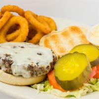 Swiss Burger · Deluxe served with french fries lettuce tomatoes pickles and coleslaw. onion ring substituti...