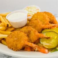 Fried Shrimp Platter · Served with french fries lettuce tomato pickle and coleslaw.