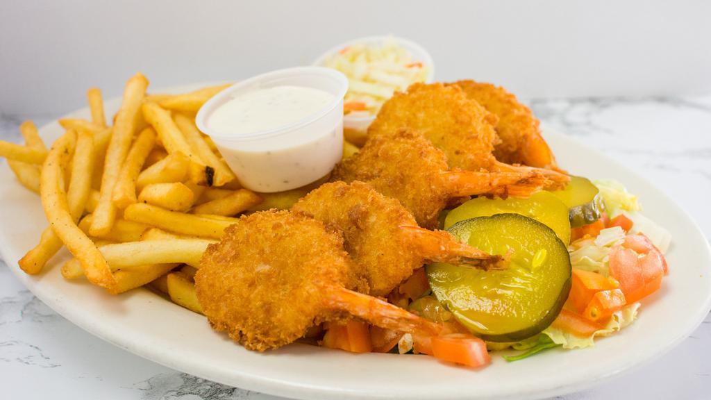 Fried Shrimp Platter · Served with french fries lettuce tomato pickle and coleslaw.