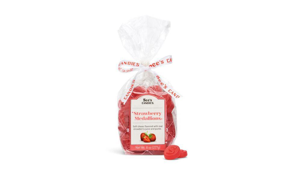 Strawberry Medallions · Made with real strawberry purée, these bite-sized gems make a great addition to your candy bowl or an excellent any-time treat! Brightly sweet and bursting with strawberry flavor, you won’t be able to get enough. Approximately 40 per bag.