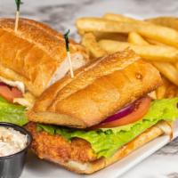 Buffalo Chicken Sandwich · Crispy chicken breast covered in hot sauce and served on a toasted roll with bleu cheeze dre...
