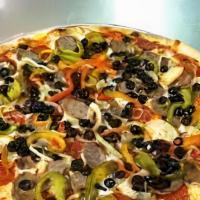 Veggie Pizza · Large (8 Slices). Topped with mushrooms, tomatoes, green peppers, onions, and olives.