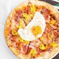Sunny Salami Pizza · House-made red sauce, Mozzarella, pepperoncini, red onions and salami topped with a sunny si...
