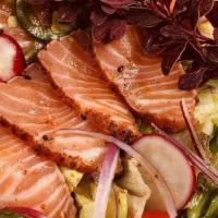 Salmon Salad · Seared salmon with shichimi seasoning, jalapeno, spring mix, lettuce, grape tomato, red onio...