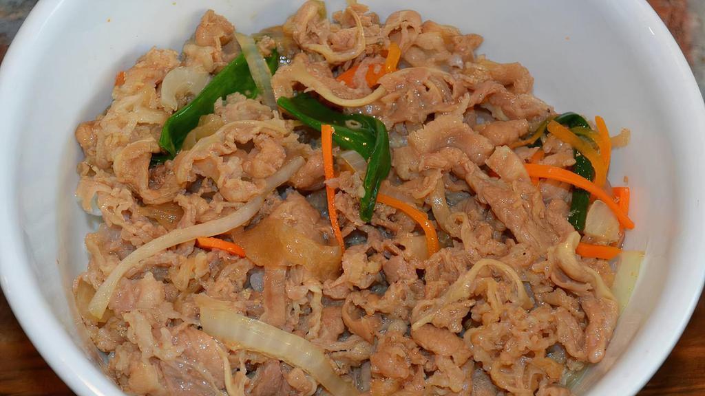Gyudon (Beef Bowl) · Sliced beef, onion, and carrot with Japanese sweet sauce. Over white rice only.