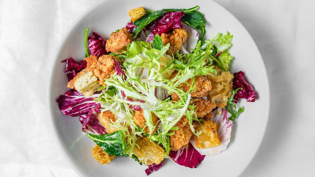 Chicory & Fried Chicken Salad · red onion, croutons, garlic/anchovy dressing